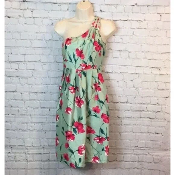 Express | Dresses | Express Dress One Shoulder Green Floral Silk Knee 39  Length Size 4 | Poshmark